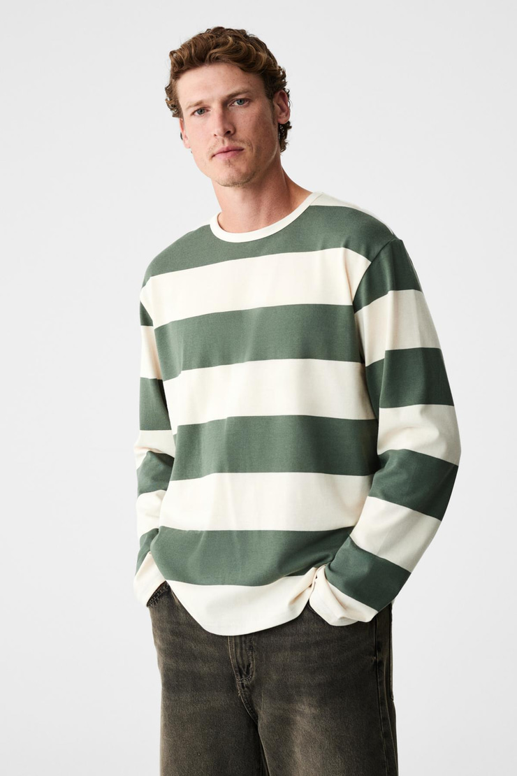 GRAVS Erkek %100 Pamuklu Yumuşak Kumaşlı Yuvarlak Yakalı Uzun Kollu Yeşil - Ekru T-Shirt