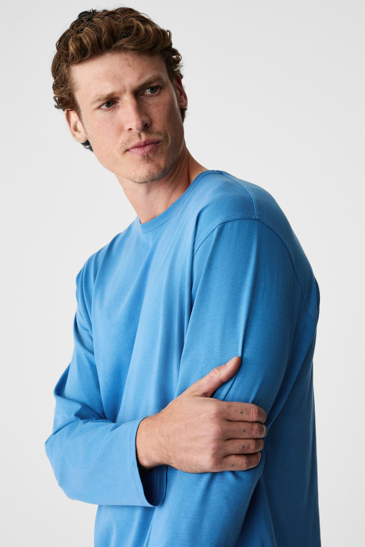 GRAVS Erkek %100 Pamuklu Yumuşak Kumaşlı Yuvarlak Yakalı Uzun Kollu Mavi T-Shirt