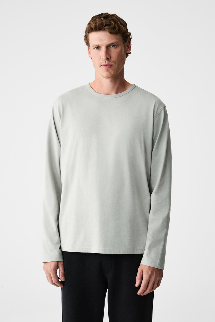 GRAVS Erkek %100 Pamuklu Yumuşak Kumaşlı Yuvarlak Yakalı Uzun Kollu Gri T-Shirt