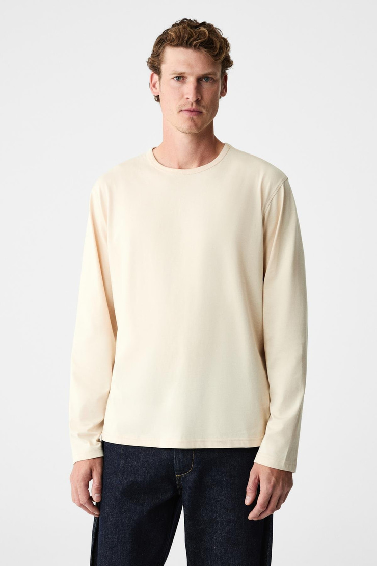 GRAVS Erkek %100 Pamuklu Yumuşak Kumaşlı Yuvarlak Yakalı Uzun Kollu Bej T-Shirt