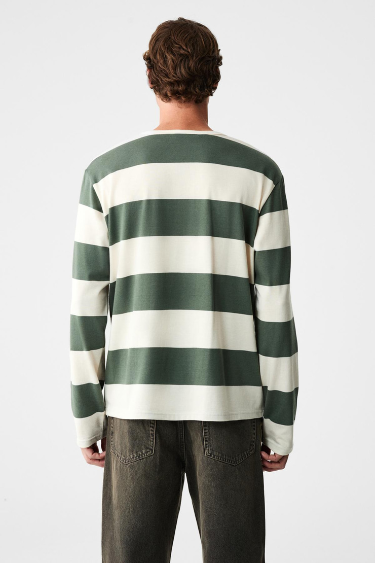 GRAVS Erkek %100 Pamuklu Yumuşak Kumaşlı Yuvarlak Yakalı Uzun Kollu Yeşil - Ekru T-Shirt