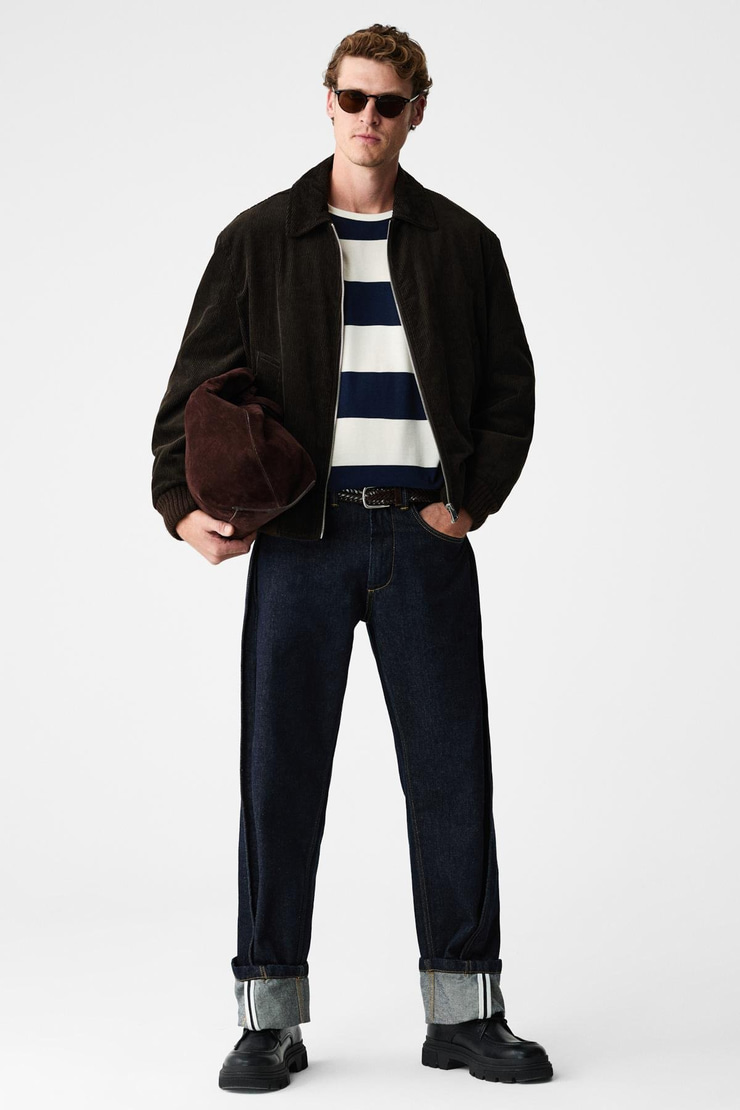 GRAVS Erkek %100 Pamuklu Yumuşak Kumaşlı Yuvarlak Yakalı Uzun Kollu Lacivert - Ekru T-Shirt