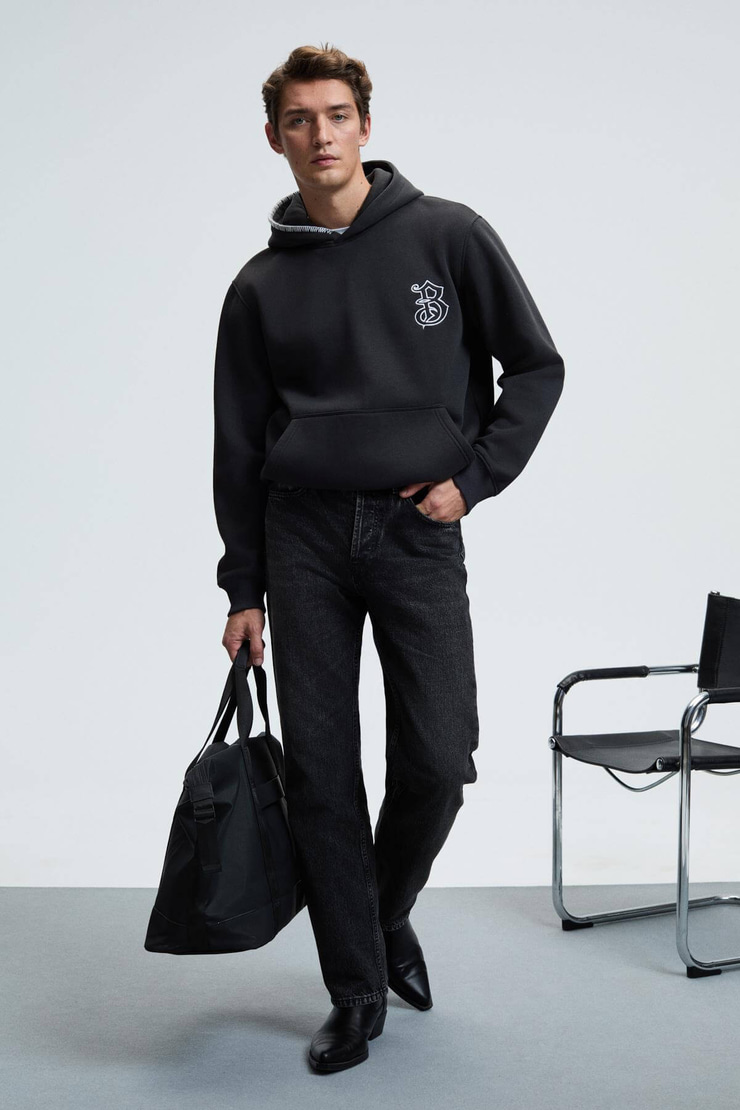 GROVER Erkek Kapüşonlu Süs Dikiş Detaylı Göğsü Nakışlı Kanguru Cepli Antrasit Sweatshirt