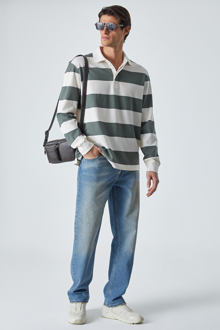 HAROLD Erkek Uzun Kollu Relaxed Fit Patlı Haki - Ekru Polo Yaka T-shirt