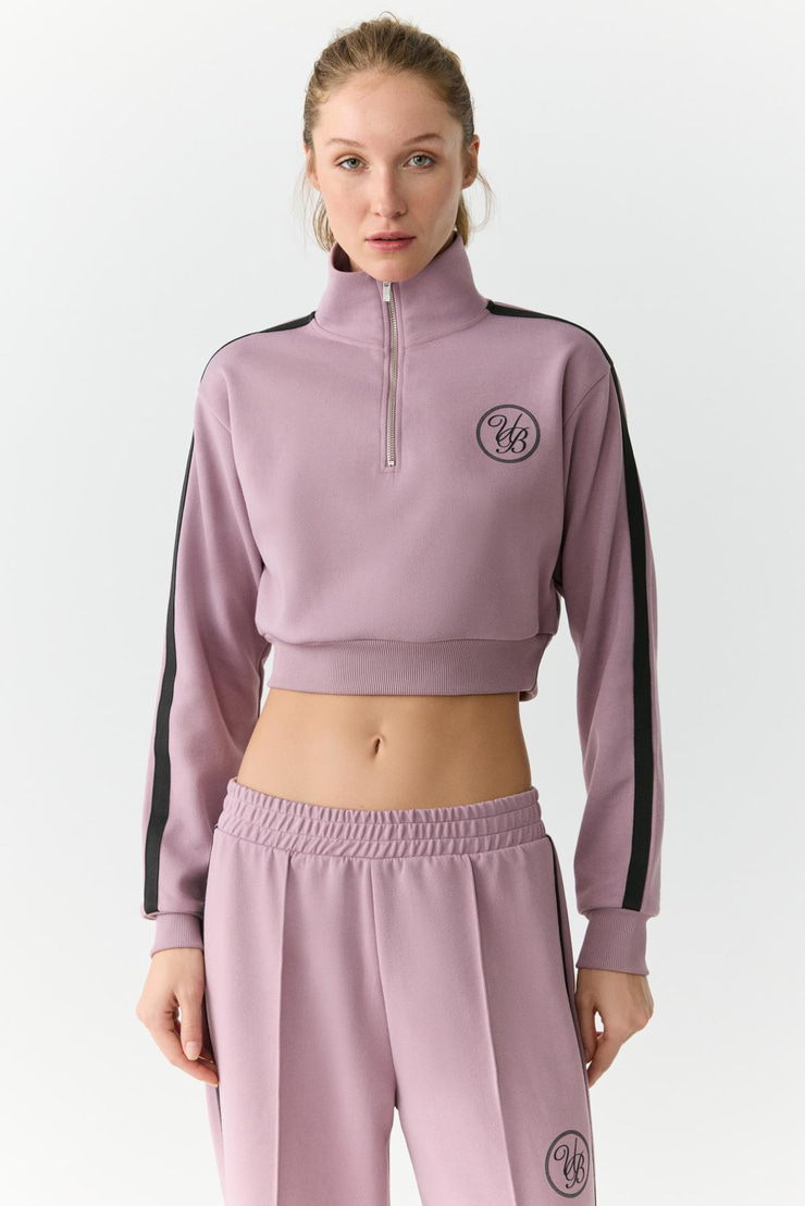 HELENA Kadın Dik Yakalı Fermuarlı Küçük Baskı Motifli Crop Gül Kurusu Sweatshirt