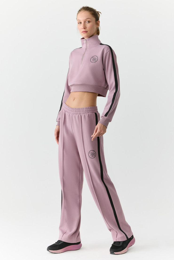 HELENA Kadın Dik Yakalı Fermuarlı Küçük Baskı Motifli Crop Gül Kurusu Sweatshirt