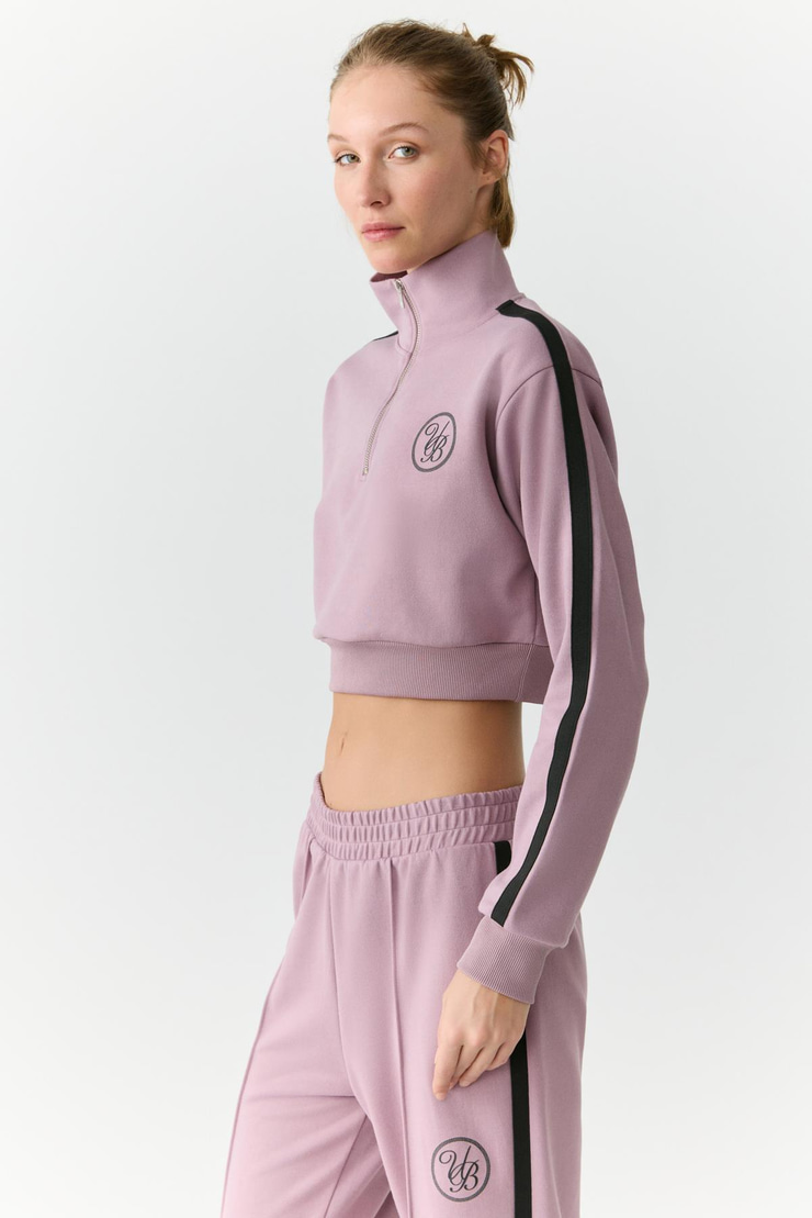 HELENA Kadın Dik Yakalı Fermuarlı Küçük Baskı Motifli Crop Gül Kurusu Sweatshirt