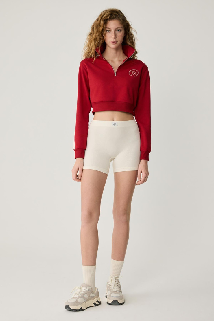 HELENA Kadın Dik Yakalı Fermuarlı Küçük Baskı Motifli Crop Kırmızı Sweatshirt