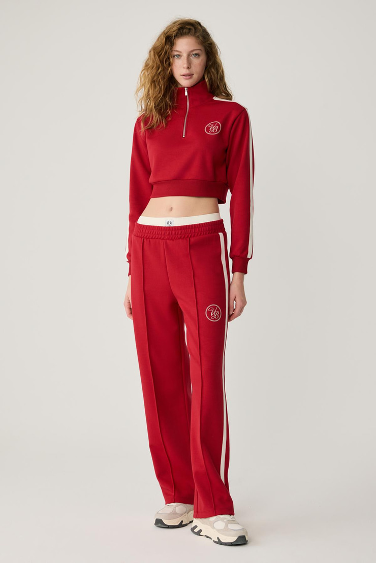 HELENA Kadın Dik Yakalı Fermuarlı Küçük Baskı Motifli Crop Kırmızı Sweatshirt