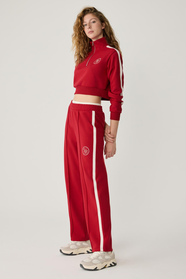 HELENA Kadın Dik Yakalı Fermuarlı Küçük Baskı Motifli Crop Kırmızı Sweatshirt