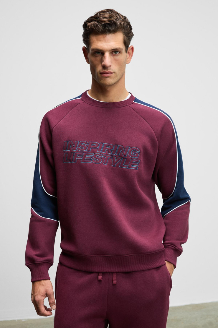 HERCULES Erkek Bisiklet Yaka Önü Nakışlı Kolları Biyeli Bordo Sweatshirt