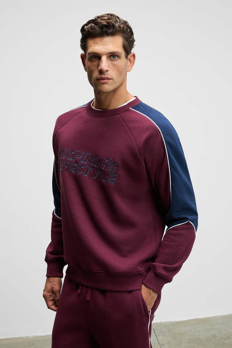 HERCULES Erkek Bisiklet Yaka Önü Nakışlı Kolları Biyeli Bordo Sweatshirt