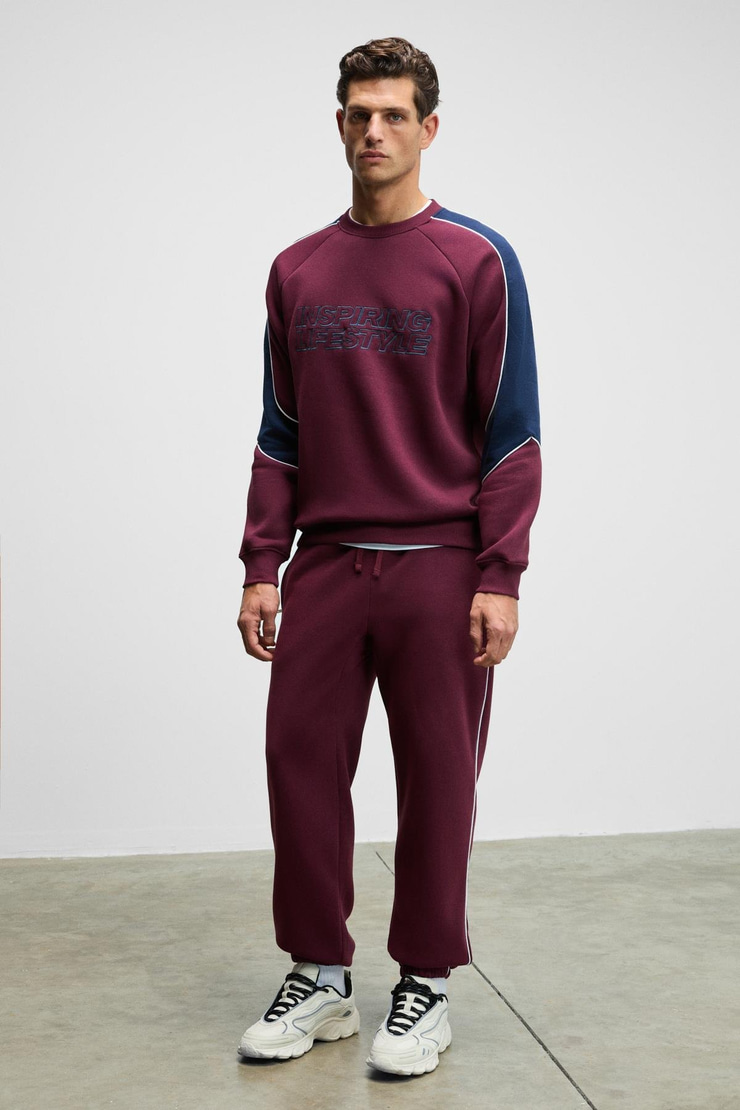 HERCULES Erkek Bisiklet Yaka Önü Nakışlı Kolları Biyeli Bordo Sweatshirt