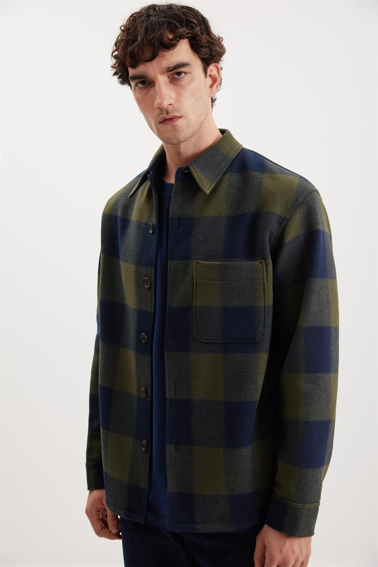 HOLGER Dokuma Regular Lacivert-Haki Tekli Ceket