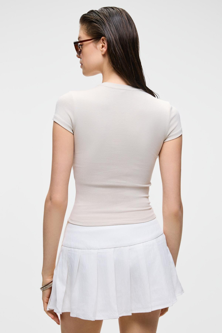 HOPEWELL Kadın Yuvarlak Yaka Örme Slim Fit Taş Rengi T-Shirt