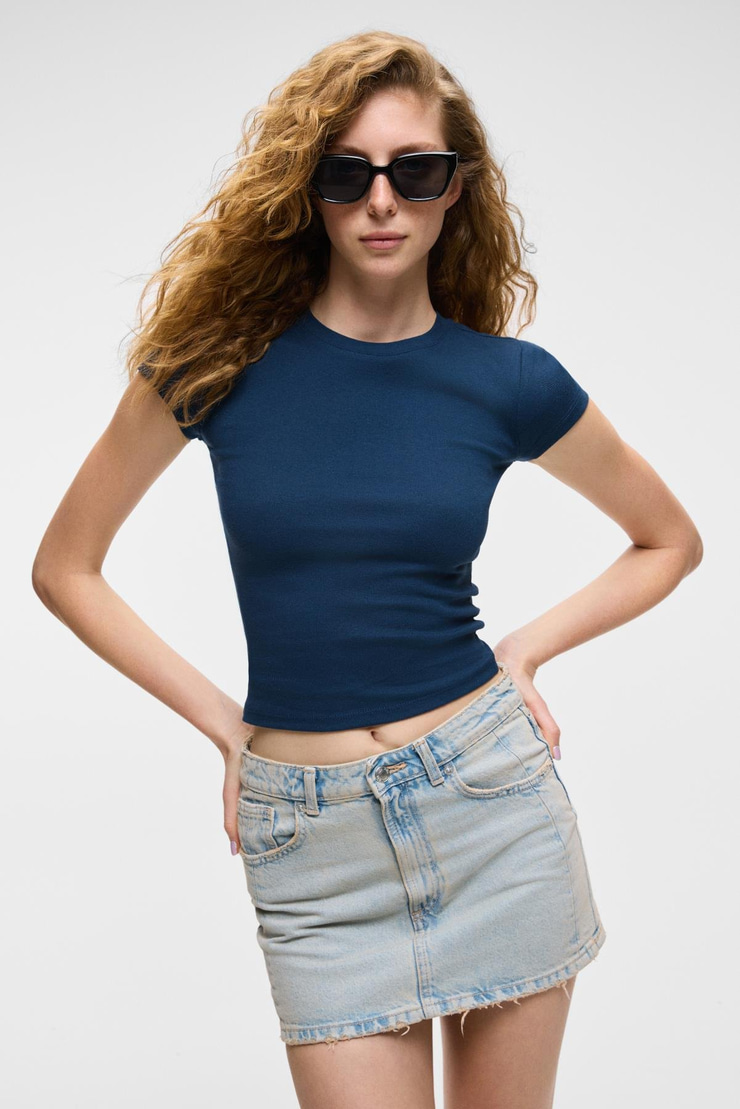 HOPEWELL Kadın Yuvarlak Yaka Örme Slim Fit Lacivert T-Shirt