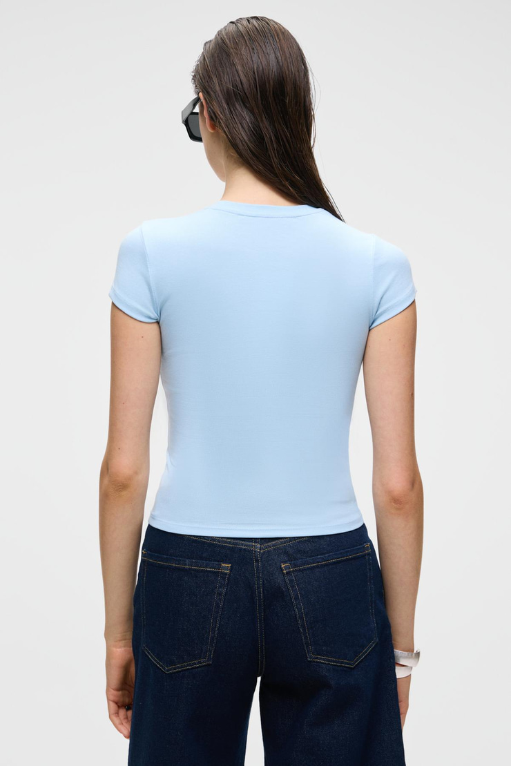 HOPEWELL Kadın Yuvarlak Yaka Örme Slim Fit Mavi T-Shirt