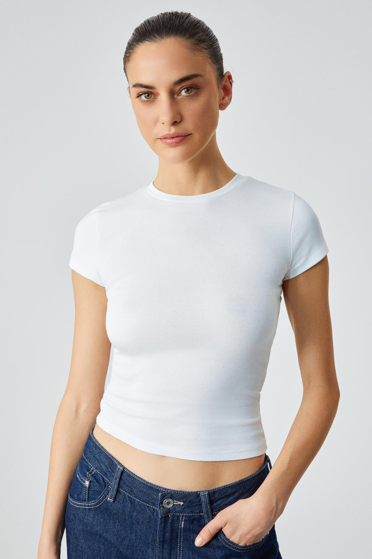 HOPEWELL Kadın Yuvarlak Yaka Örme Slim Fit Beyaz T-Shirt