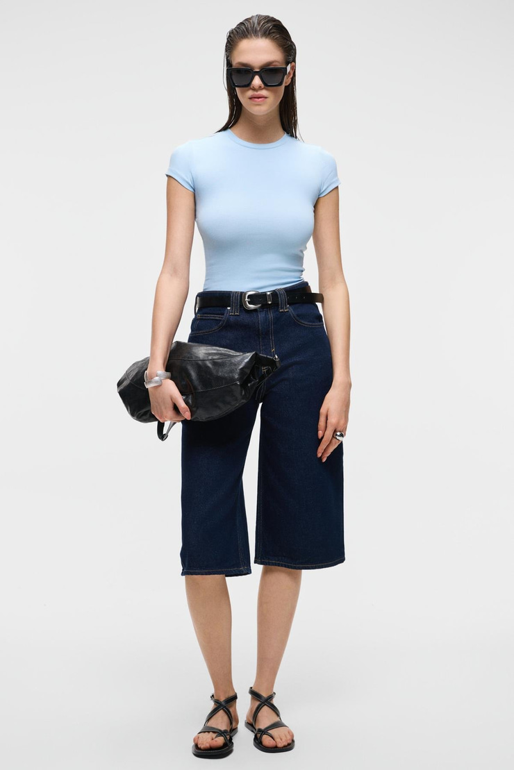 HOPEWELL Kadın Yuvarlak Yaka Örme Slim Fit Mavi T-Shirt