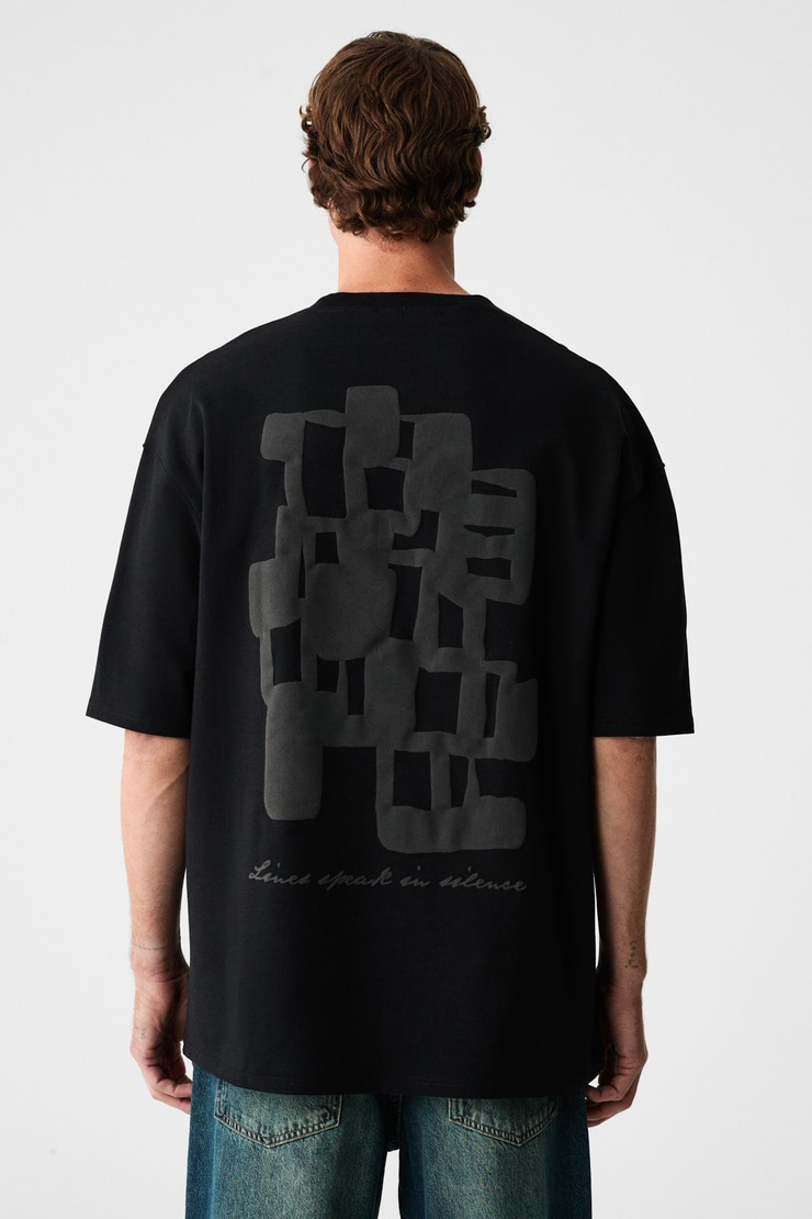 INFINITI Erkek Göğsü Ve Sırtı Baskılı Organik Pamuklu Bisiklet Yaka Oversize Siyah T-Shirt