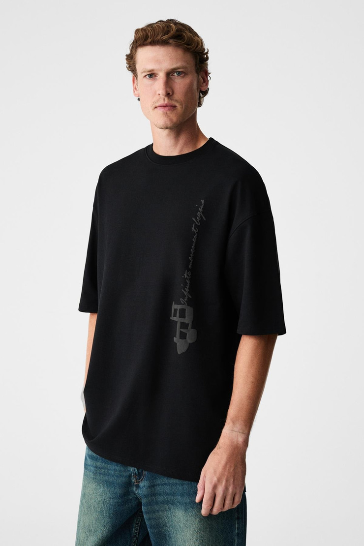 INFINITI Erkek Göğsü Ve Sırtı Baskılı Organik Pamuklu Bisiklet Yaka Oversize Siyah T-Shirt