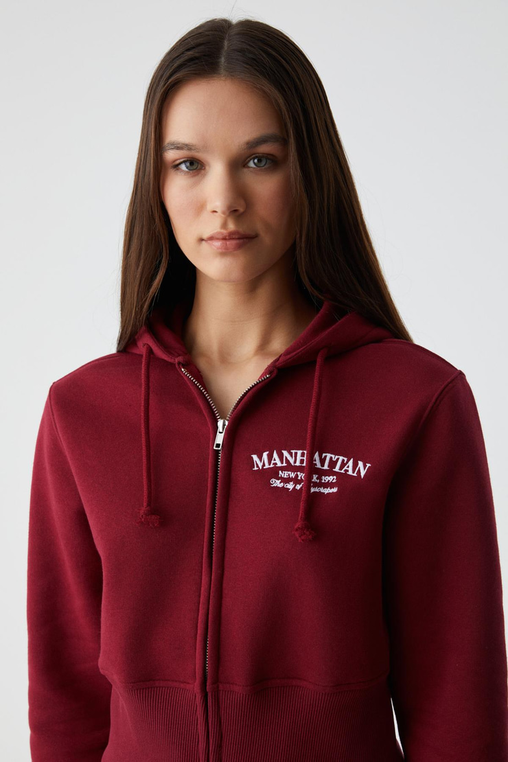 IRESSINE Kadın Kapüşonlu Fermuarlı Uzun Kollu Regular Bordo Sweatshirt