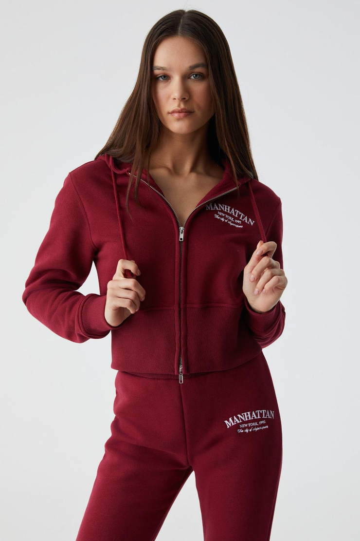 IRESSINE Kadın Kapüşonlu Fermuarlı Uzun Kollu Regular Bordo Sweatshirt