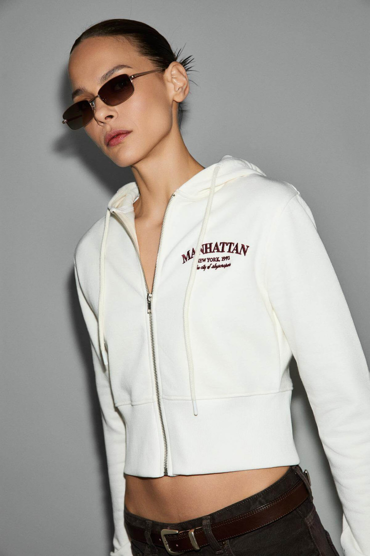 IRESSINE Kadın Kapüşonlu Fermuarlı Uzun Kollu Regular Beyaz Sweatshirt