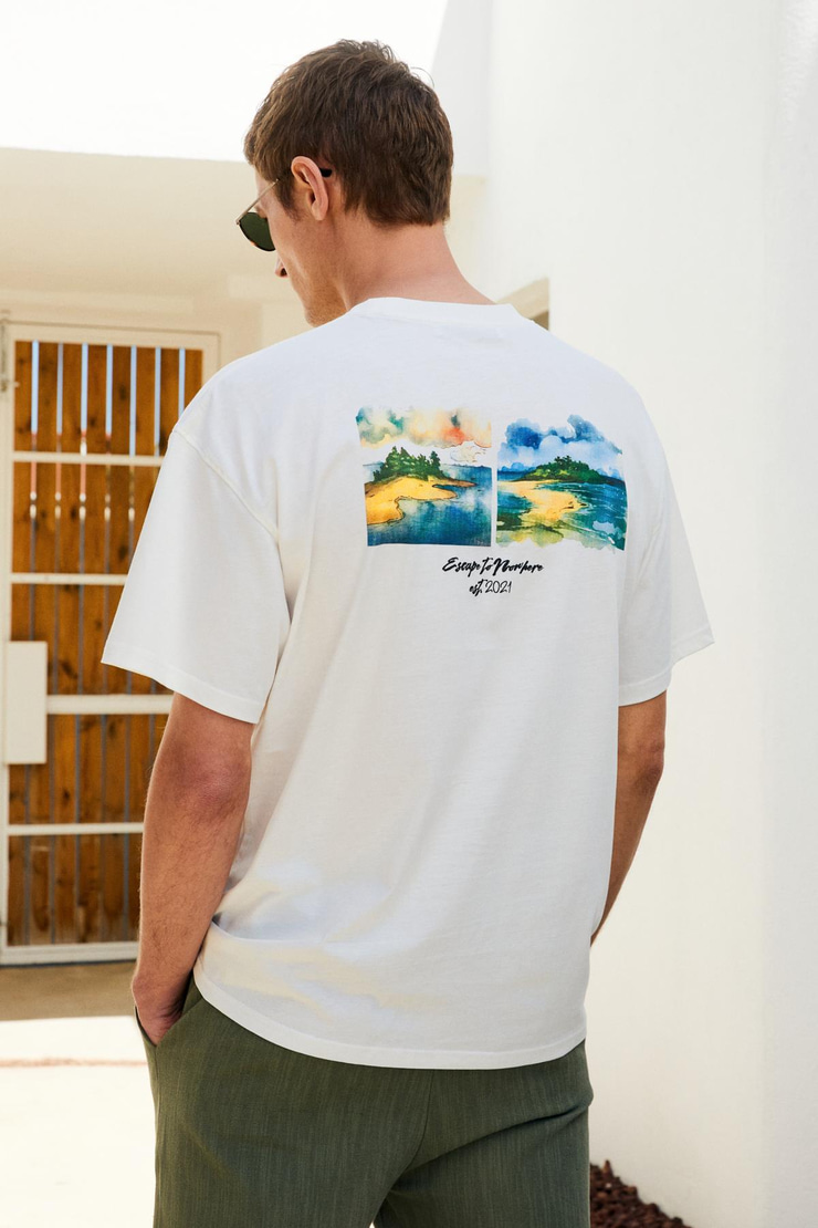 ITALIA Erkek %100 Organik Pamuk Ön Arka Baskı Detaylı Oversize Kısa Kol Ekru T-Shirt