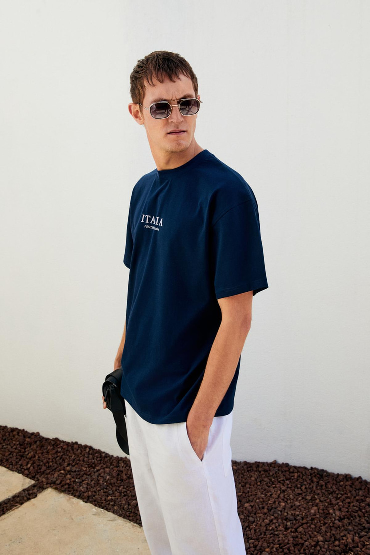 ITALIA Erkek %100 Organik Pamuk Ön Arka Baskı Detaylı Oversize Kısa Kol Lacivert T-Shirt