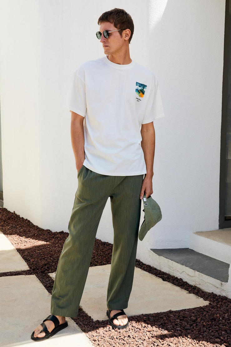 ITALIA Erkek %100 Organik Pamuk Ön Arka Baskı Detaylı Oversize Kısa Kol Ekru T-Shirt