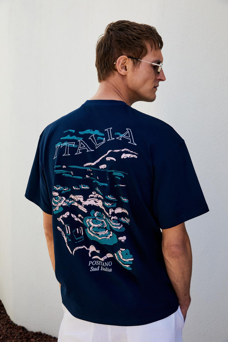 ITALIA Erkek %100 Organik Pamuk Ön Arka Baskı Detaylı Oversize Kısa Kol Lacivert T-Shirt