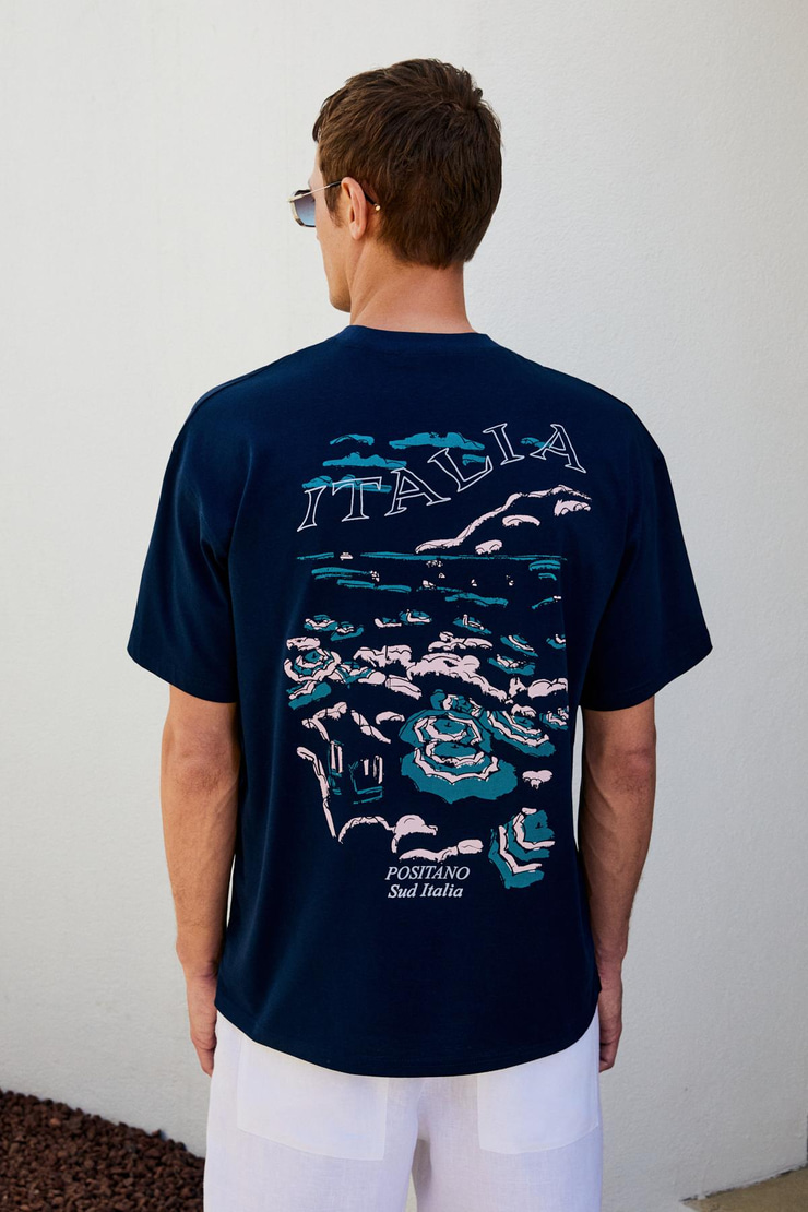 ITALIA Erkek %100 Organik Pamuk Ön Arka Baskı Detaylı Oversize Kısa Kol Lacivert T-Shirt