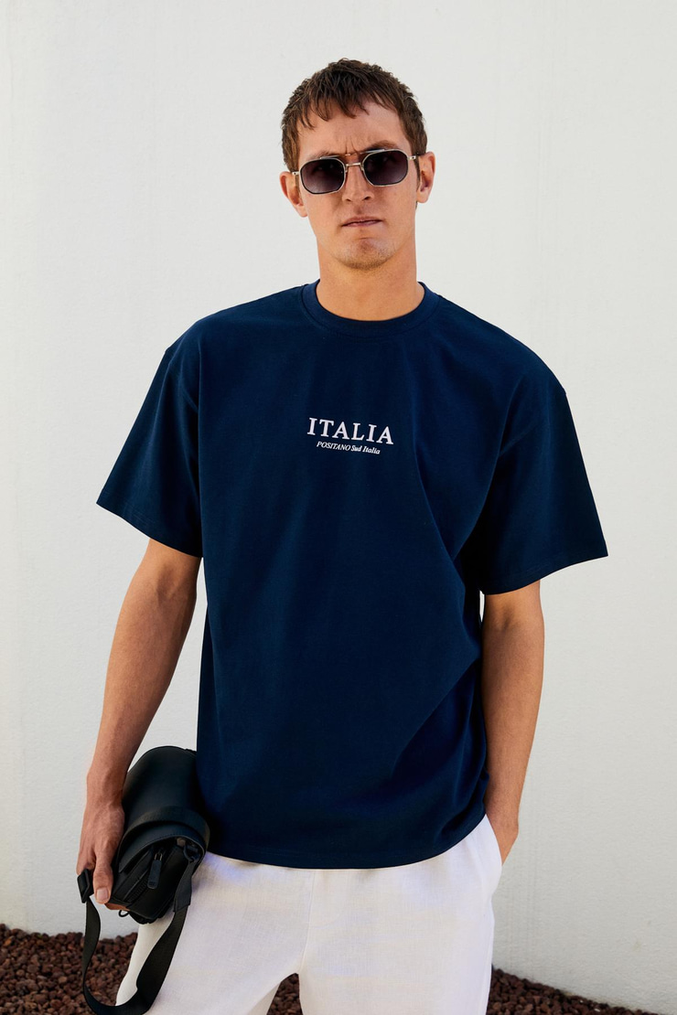 ITALIA Erkek %100 Organik Pamuk Ön Arka Baskı Detaylı Oversize Kısa Kol Lacivert T-Shirt