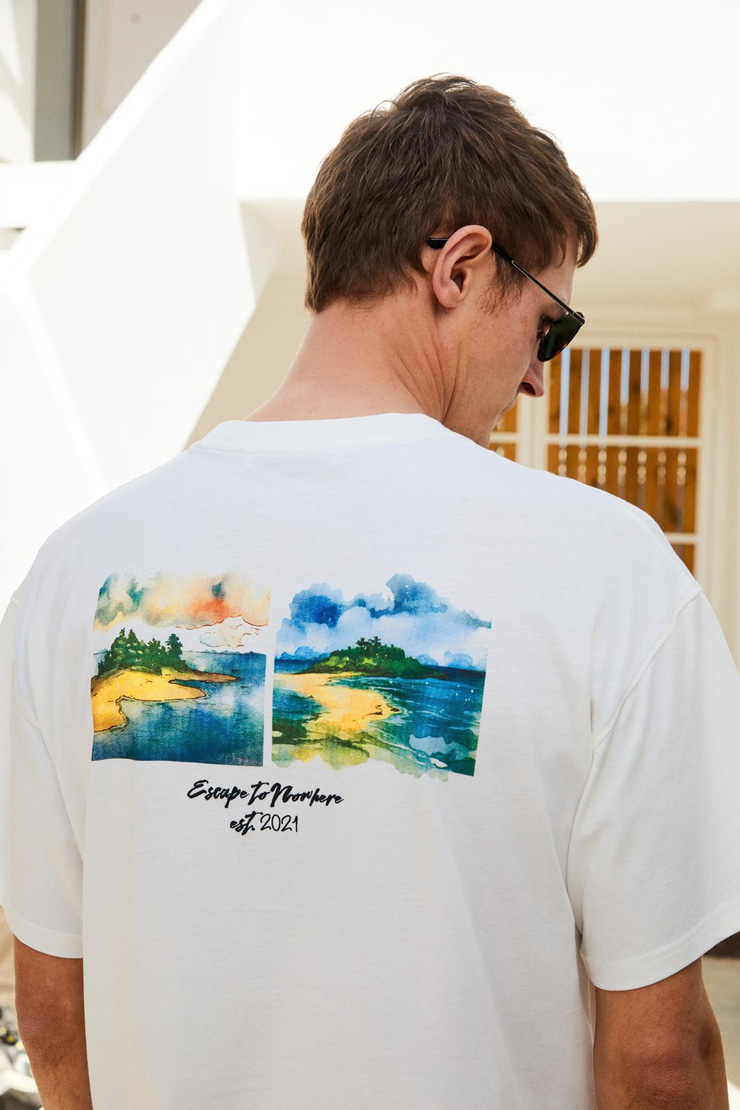 ITALIA Erkek %100 Organik Pamuk Ön Arka Baskı Detaylı Oversize Kısa Kol Ekru T-Shirt