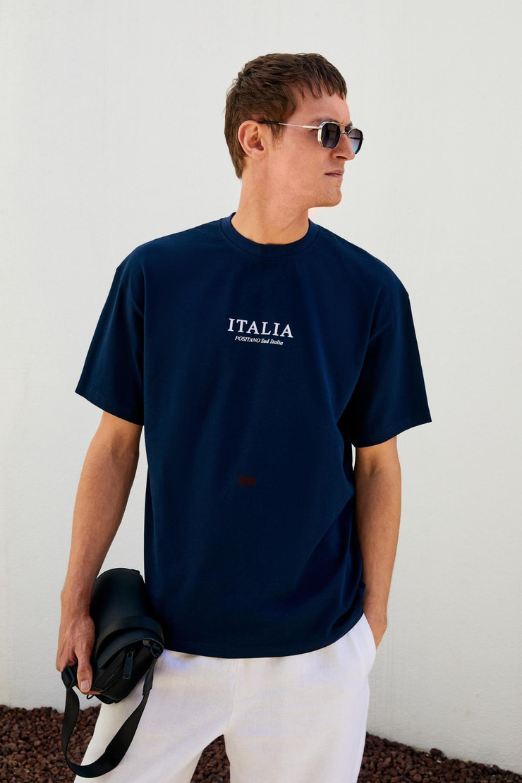 ITALIA Erkek %100 Organik Pamuk Ön Arka Baskı Detaylı Oversize Kısa Kol Lacivert T-Shirt
