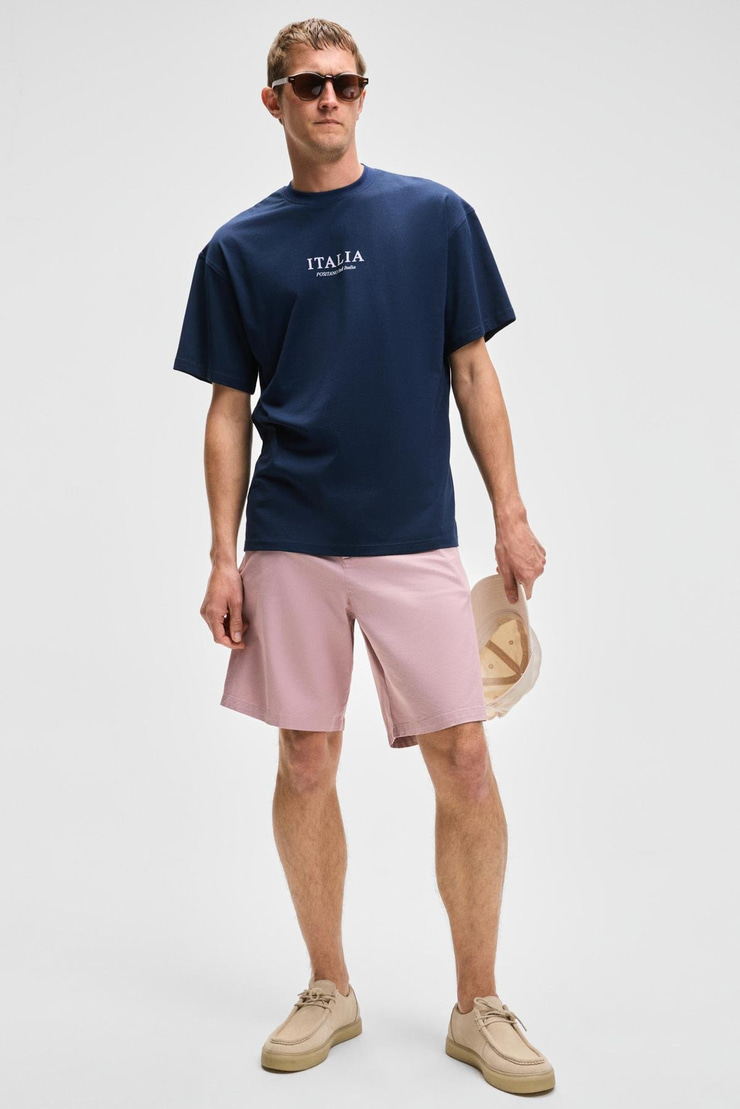 ITALIA Erkek %100 Organik Pamuk Ön Arka Baskı Detaylı Oversize Kısa Kol Lacivert T-Shirt