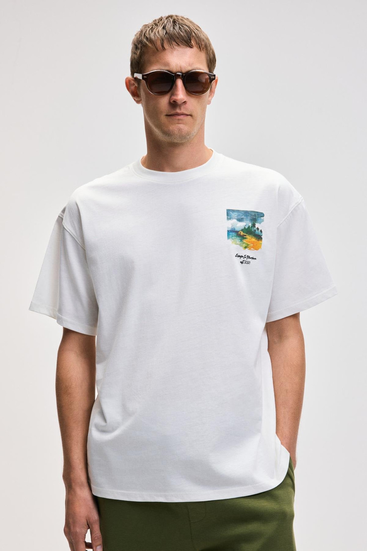 ITALIA Erkek %100 Organik Pamuk Ön Arka Baskı Detaylı Oversize Kısa Kol Ekru T-Shirt