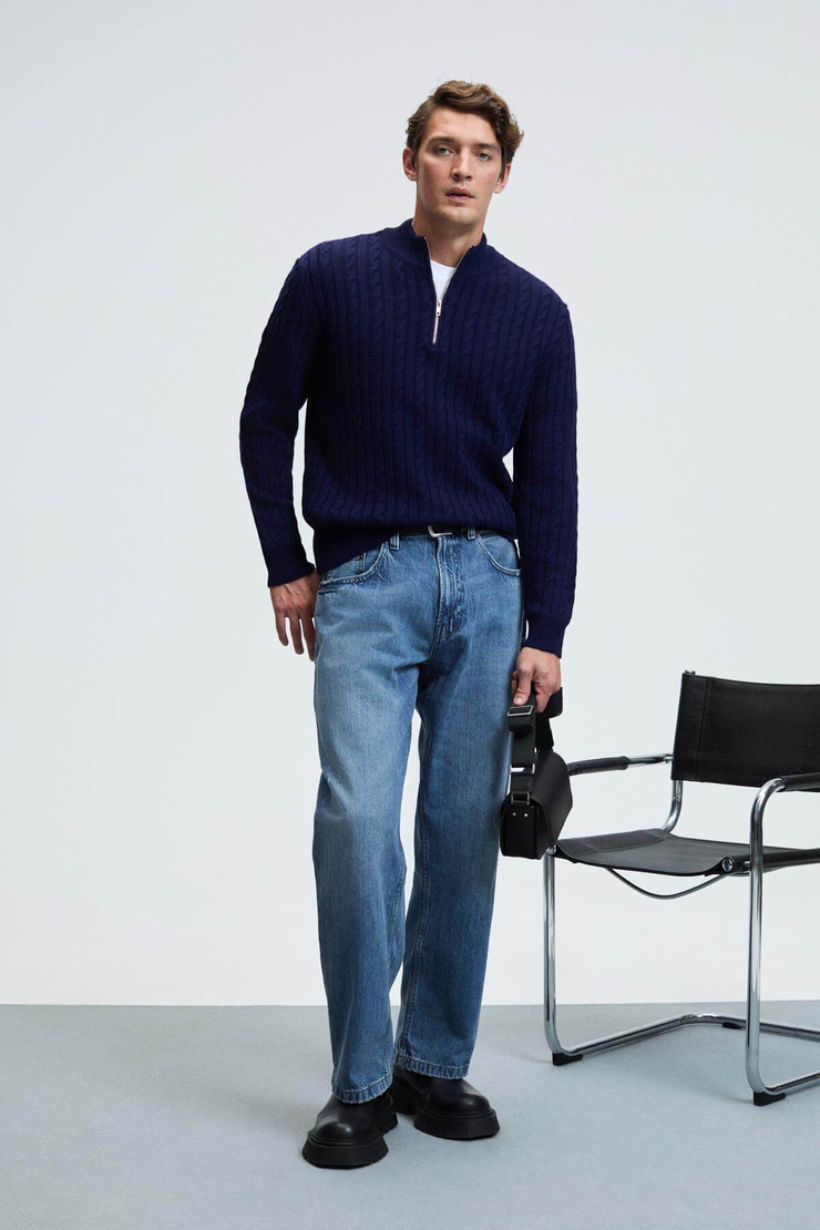 IVAR Erkek Yarım Fermuarlı Dik Yakalı Saç Örgü Desenli Triko Lacivert Kazak