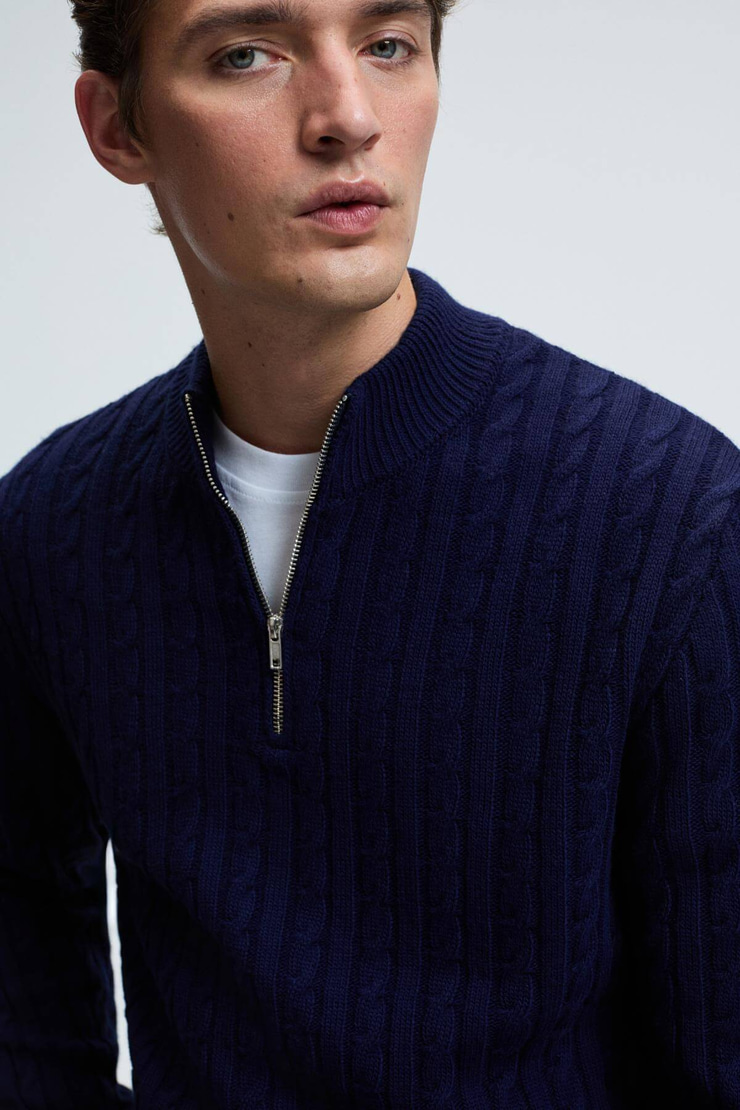 IVAR Erkek Yarım Fermuarlı Dik Yakalı Saç Örgü Desenli Triko Lacivert Kazak