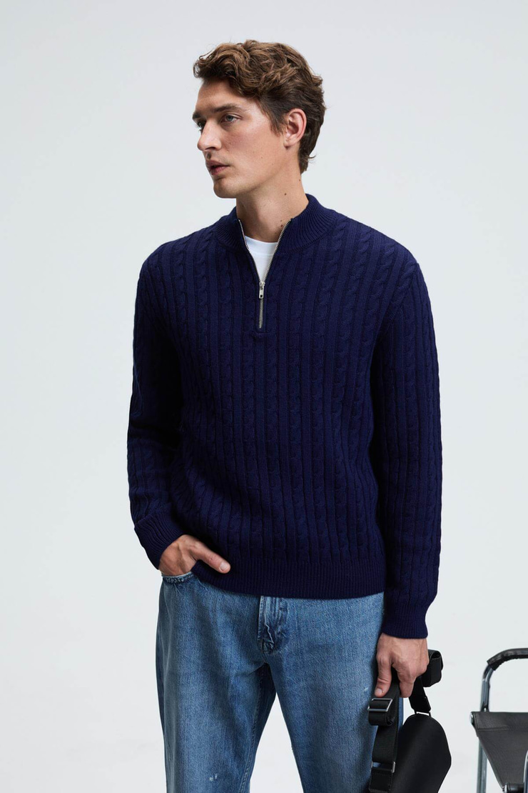 IVAR Erkek Yarım Fermuarlı Dik Yakalı Saç Örgü Desenli Triko Lacivert Kazak