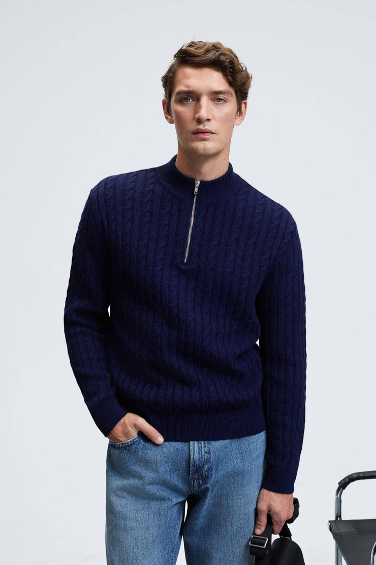 IVAR Erkek Yarım Fermuarlı Dik Yakalı Saç Örgü Desenli Triko Lacivert Kazak