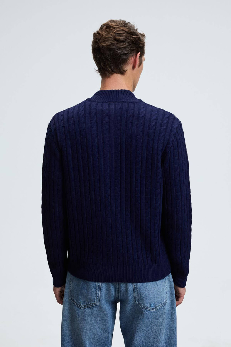 IVAR Erkek Yarım Fermuarlı Dik Yakalı Saç Örgü Desenli Triko Lacivert Kazak