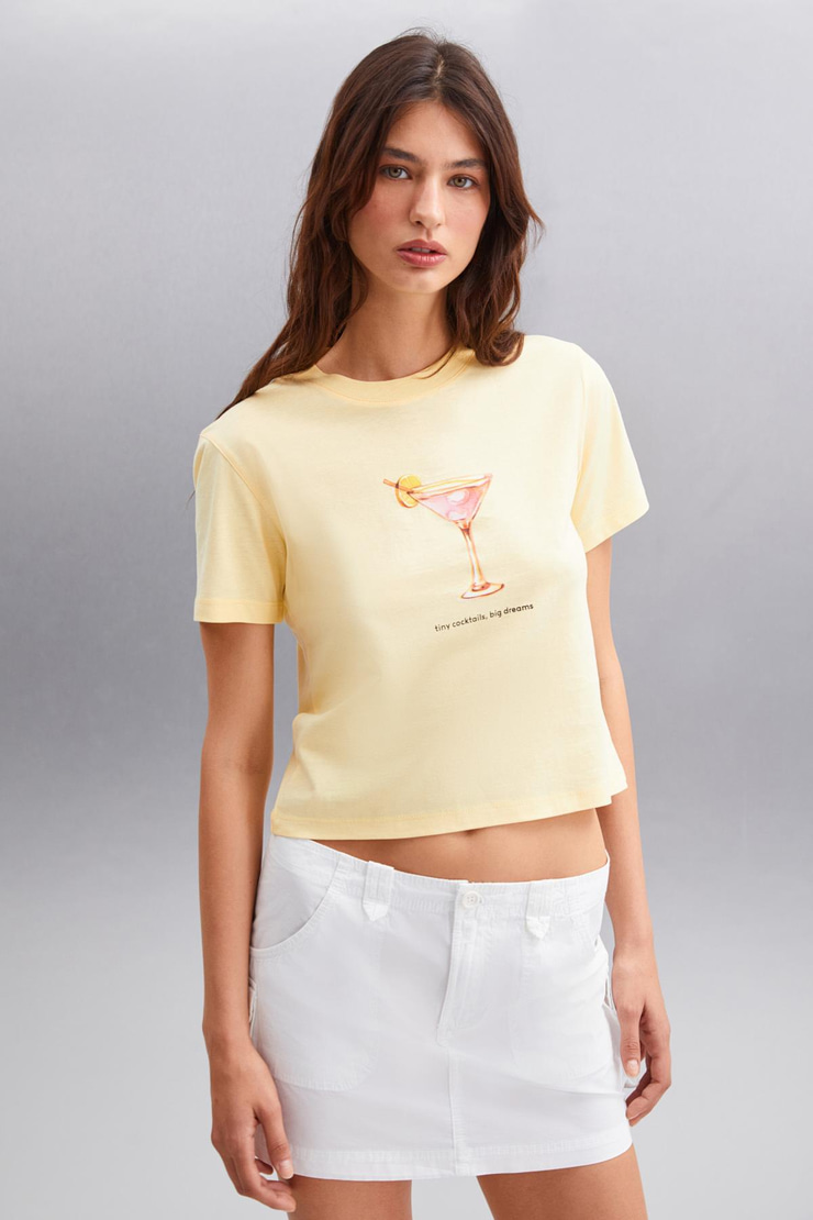 IVONNE Basic Crop Sarı Tekli T-Shirt