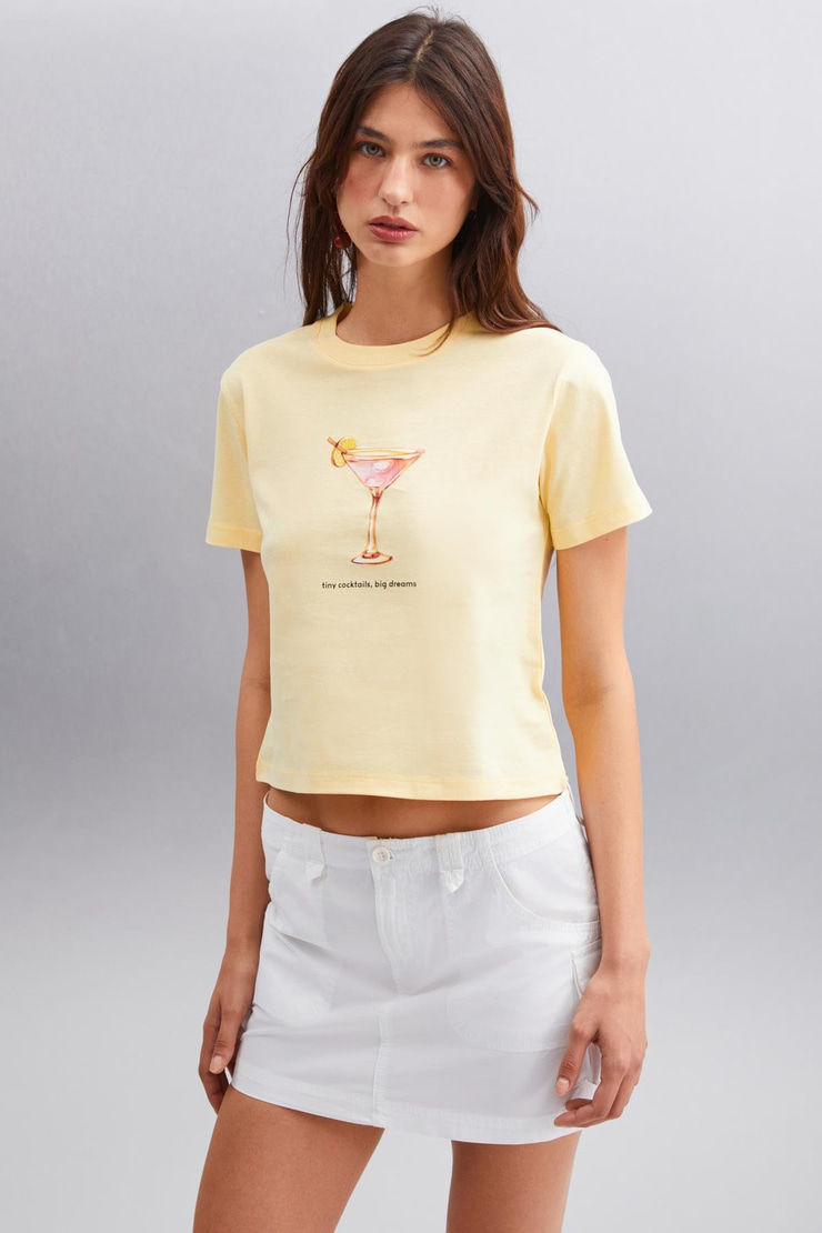 IVONNE Basic Crop Sarı Tekli T-Shirt