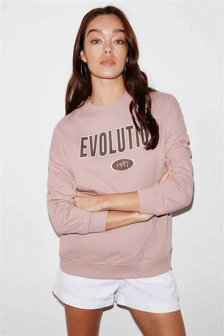 IVORY Kadın Pembe Baskılı Yuvarlak Yaka Oversize Sweatshirt