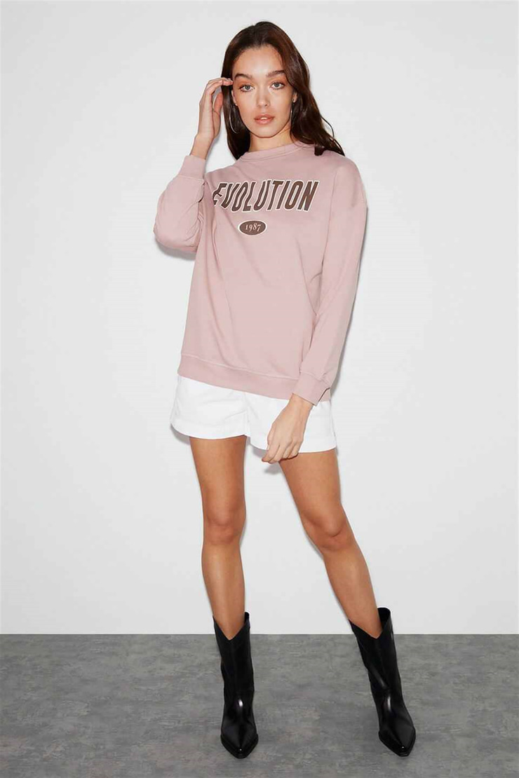 IVORY Kadın Pembe Baskılı Yuvarlak Yaka Oversize Sweatshirt