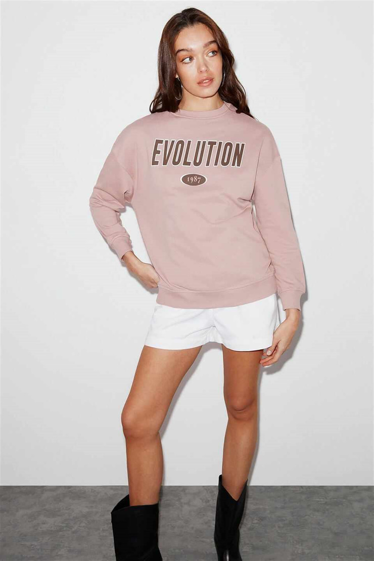 IVORY Kadın Pembe Baskılı Yuvarlak Yaka Oversize Sweatshirt