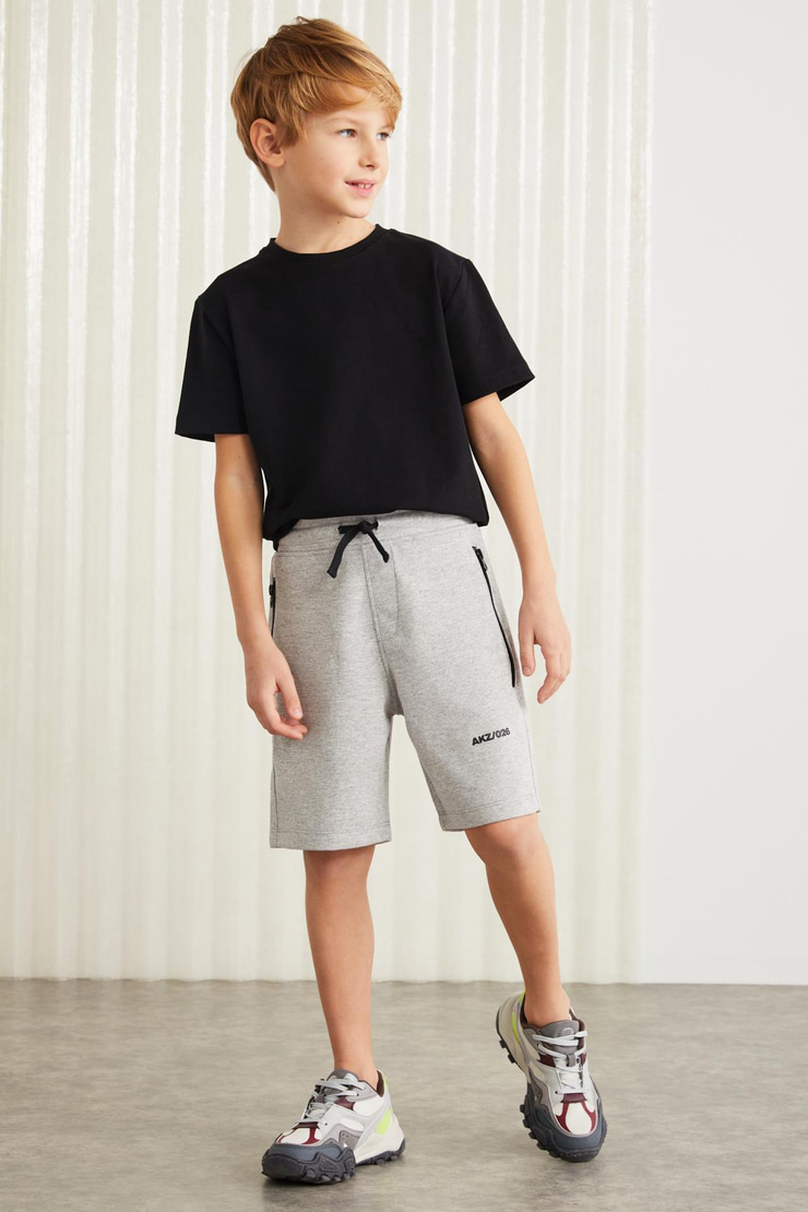 JEFFRERY-GRM24011 75% pamuk 25% polyester interlok baskılı ve fermuarlı erkek çocuk şort Gri Şort