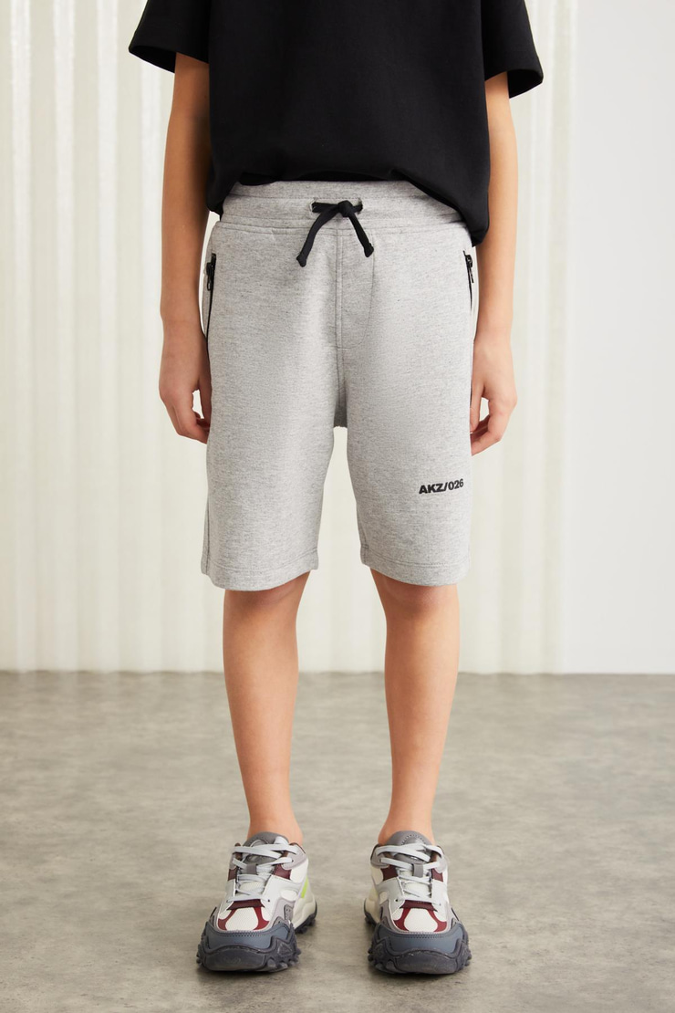 JEFFRERY-GRM24011 75% pamuk 25% polyester interlok baskılı ve fermuarlı erkek çocuk şort Gri Şort